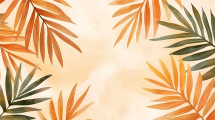 Tropical orange and green leaves on soft beige background.