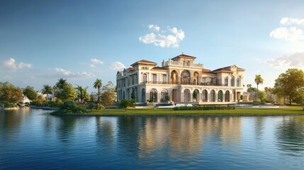 Obraz premium Beautiful and grand building by a tranquil body of water, set against a realistic backdrop of greenery and clear skies