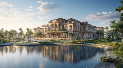 Beautiful and grand building by a tranquil body of water, set against a realistic backdrop of greenery and clear skies