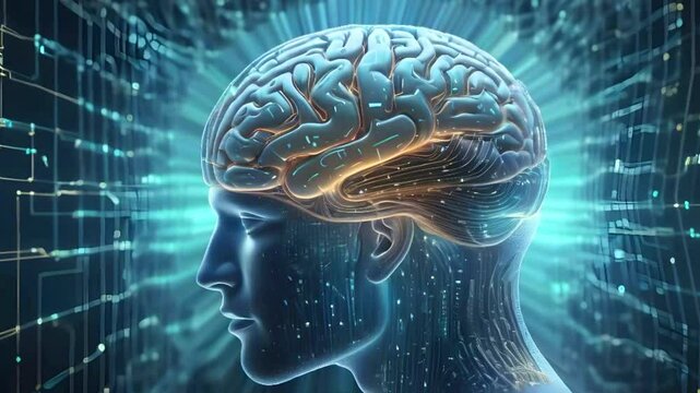 Synergies of brain, 3D rendering of human head with brain and digital binary code background