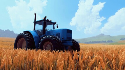 Obraz premium Blue tractor driving through a sprawling cornfield, with a realistic backdrop of clear skies and wide-open farmland