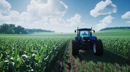 Blue tractor driving through a sprawling cornfield, with a realistic backdrop of clear skies and wide-open farmland