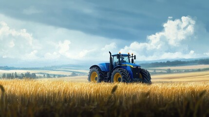 Fototapeta premium Blue tractor driving through a vast field of tall grass, surrounded by a realistic background of nature and farmland