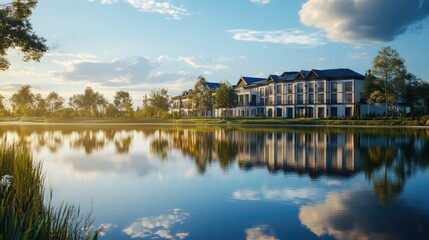 Fototapeta premium Elegant building reflecting on a serene body of water, with a peaceful, realistic background of nature and blue skies