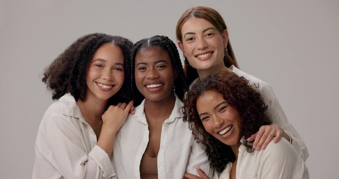Women, face and solidarity in studio for beauty, diversity and bonding together with hug, unity and group. Friends, support and inclusion on white background for natural, portrait and confidence