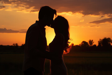 Fototapeta premium Romantic Silhouette of Couple Kissing at Sunset