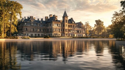Fototapeta premium Elegant large building by a peaceful body of water, reflecting on the surface, with a beautifully realistic natural background