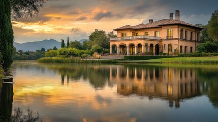 Fototapeta premium Elegant large building by a peaceful body of water, reflecting on the surface, with a beautifully realistic natural background