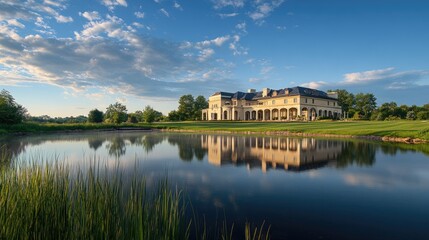 Fototapeta premium Elegant large building reflecting on a calm body of water, with a beautifully realistic backdrop of natural greenery and sky