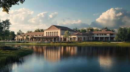 Fototapeta premium Elegant large building by a peaceful body of water, reflecting on the surface, with a beautifully realistic natural background