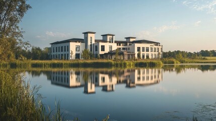 Elegant large building reflecting on a calm body of water, with a beautifully realistic backdrop of natural greenery and sky