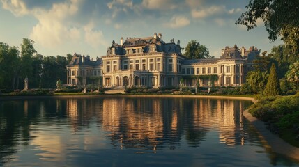 Obraz premium Large, elegant building reflecting on a calm body of water, with a realistic background, creating a peaceful and majestic scene