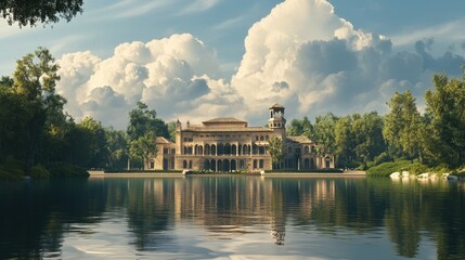 Obraz premium Large, elegant building reflecting on a peaceful body of water, with a lush and realistic background of trees and clouds