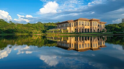 Obraz premium Large, elegant building reflecting on a peaceful body of water, with a lush and realistic background of trees and clouds