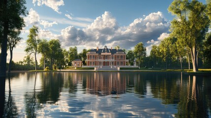 Obraz premium Large, elegant building reflecting on a peaceful body of water, with a lush and realistic background of trees and clouds