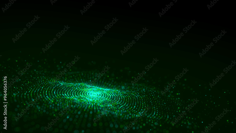 Poster 3d digital circular dynamic green wave on dark background. technology smart wave. futuristic flow of