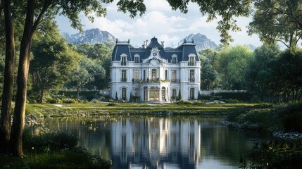 Majestic building with elegant design by a still body of water, reflecting the surrounding nature with a realistic background