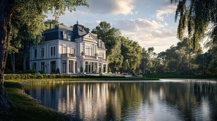 Fototapeta premium Majestic building with elegant design by a still body of water, reflecting the surrounding nature with a realistic background