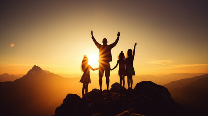 Fototapeta premium Family Triumphantly Celebrating on Mountain Peak at Sunset