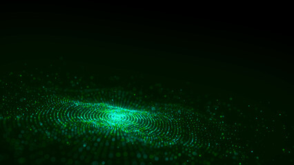3D digital circular dynamic green wave on dark background. Technology smart wave. Futuristic flow of scientific structure. Cyber technology background. 3D rendering.