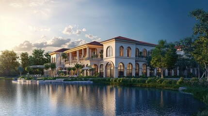 Majestic building with elegant design sitting next to a shimmering body of water, captured with a realistic background of trees and sky