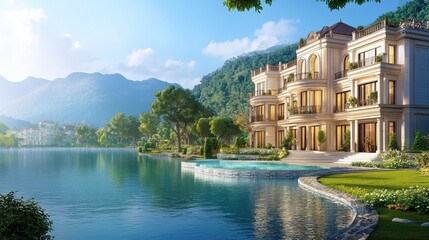 Fototapeta premium Stunning large building beside a body of water, with elegant architecture and a realistic natural background, exuding tranquility