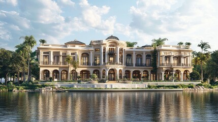 Fototapeta premium Stunning large building beside a body of water, with elegant architecture and a realistic natural background, exuding tranquility