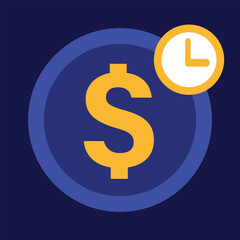 Investment concept vector banner design with dollar sign coin and clock on a square blue background.
