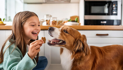 a girl feeding her dog treats in the kitchen, she is happy and laughing