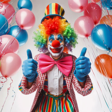 Clown joyeux et color&eacute;, entour&eacute; de ballons de couleurs, l&egrave;ve les pouces en l'air pour signifier sa bonne humeur et la joie qu'il propage 