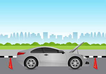 Car Breakdown with Open Hood on the Road. Broken Car. Vector Illustration. 