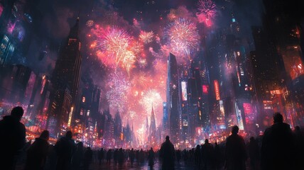 Fototapeta premium A vibrant New Year's Eve celebration with fireworks lighting up the night sky over a crowded city square, people cheering and hugging. Generative AI