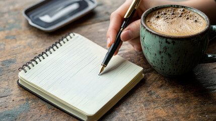 A hand holding a pen, writing in a notebook with a cup of coffee beside it on a wooden desk.