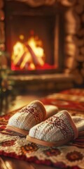 cozy and warm slippers resting by a fireplace, perfect for winter evenings and home comfort.