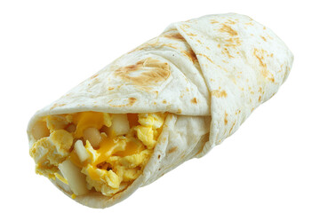 A breakfast burrito soaring through the air, filled with scrambled eggs, cheese, and potatoes
