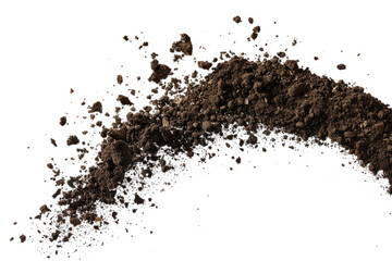flying and scattered soil dirt in the air, isolated on a clean white background,