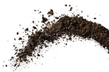 flying and scattered soil dirt in the air, isolated on a clean white background,