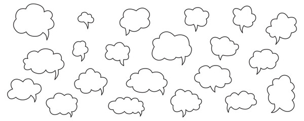 Obraz premium Hand drawn speech bubbles chat set. Vector stock illustration isolated on white background for design template web site, presentation, message, communication, comments and notes. Editable stroke line