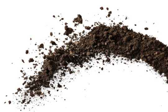 flying and scattered soil dirt in the air, isolated on a clean white background,