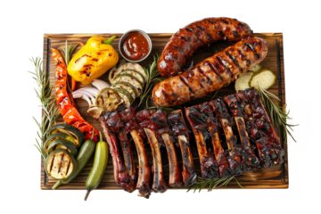 Top view of a BBQ platter with ribs, sausages, and grilled vegetables on a white background.