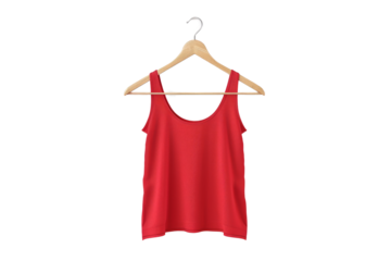 red tank top on a slim-line hanger with a clean white background for apparel mockups