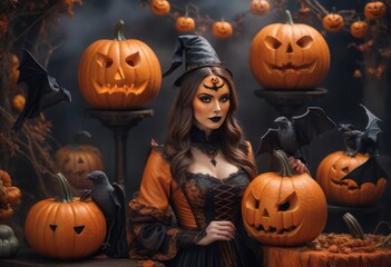  girl in a witch costume for Halloween is sitting next to pumpkins with candles