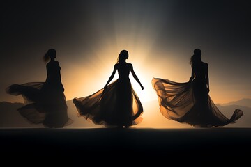 Silhouette of a group of women in fluttering dresses.
