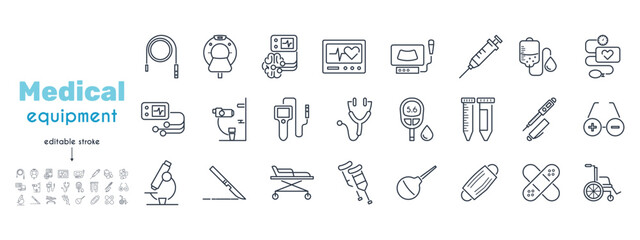 Medical equipment, devices, tools line icon set. Colonoscope, endoscope, tonomert, glucometer, scalpel, drip, enema, insulin pen, glasses, slit lamp vector illustration. Editable Strokes