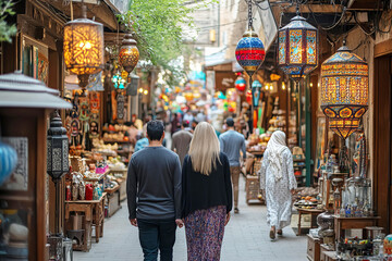 Obraz premium Colorful souks bustling with people during Eid shopping, Eid Shopping in the Souk, Vibrant market alley