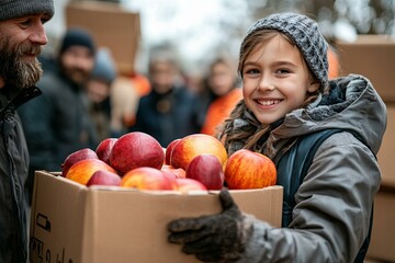 Fototapeta premium Little girl carrying a box full of red apples from food bank donation