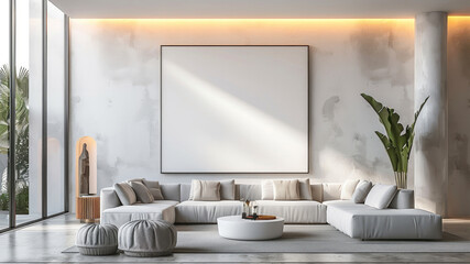 Luxury modern living room, white wall, floating frame, frame center, empty white canvas, minimalist, soft natural light. Generative AI.