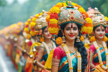 Fototapeta premium Cultural processions with colorful floats during Onam Festival
