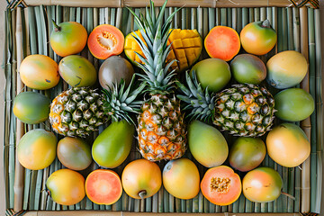 Tropical fruit selection with pineapples papayas passion fruits and mangoes on bamboo mat healthy...