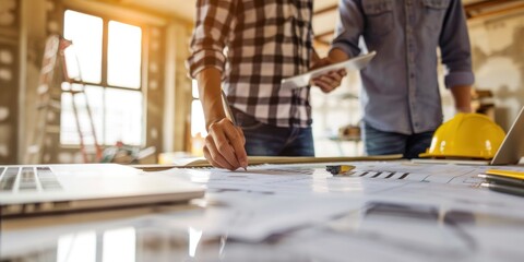 Architect colleague Process with data and tablet Laptop computer with architecture project at construction site on table